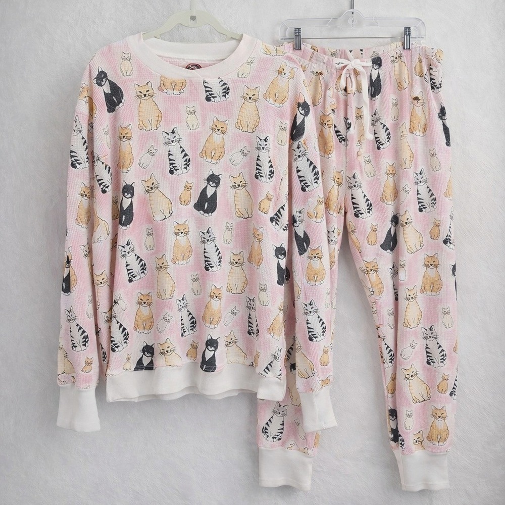 VTG PJ Salvage Waffle Knit Thermal Pajamas Cat Print Cozy Whimsical Cottage L/XL